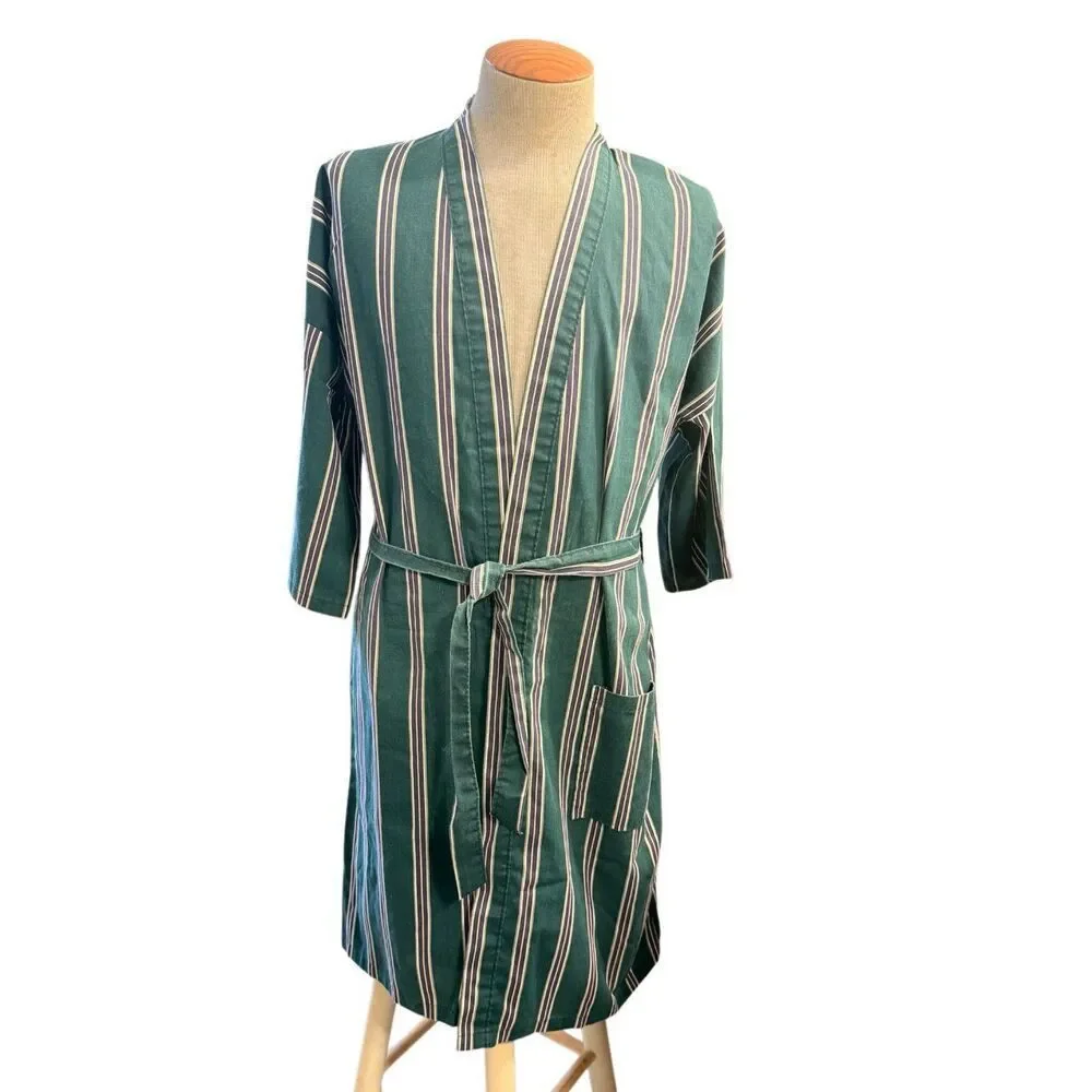 Puritan Men’s Robe Green Plum Stripe Belted Cotton Blend Kimono Loungewear